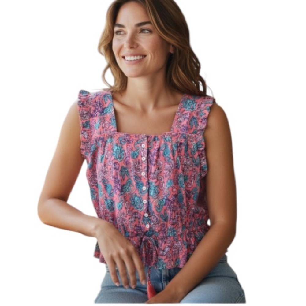 NWT Simply Southern Top Seahorses blue elastic waist sleeveless ruffle detail XL - Picture 13 of 13